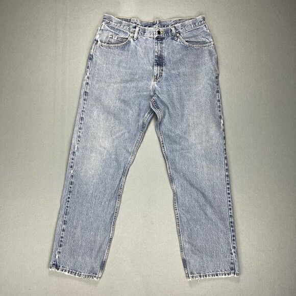 Wrangler Jeans Mens 36x32 Relaxed Straight Leg Medium Wash Blue Denim Distressed - Picture 1 of 12